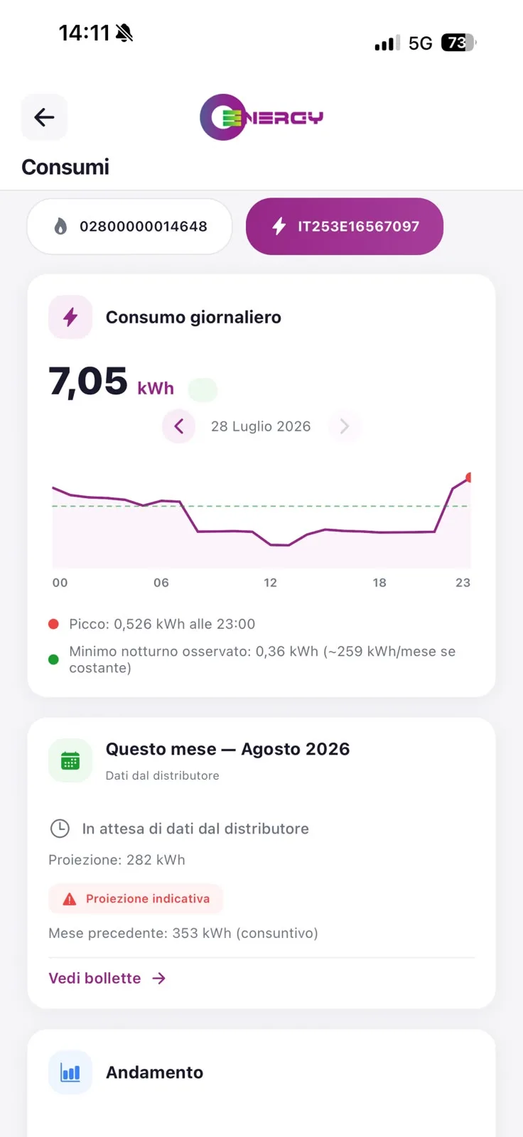 Schermata Consumi: monitoraggio consumo giornaliero