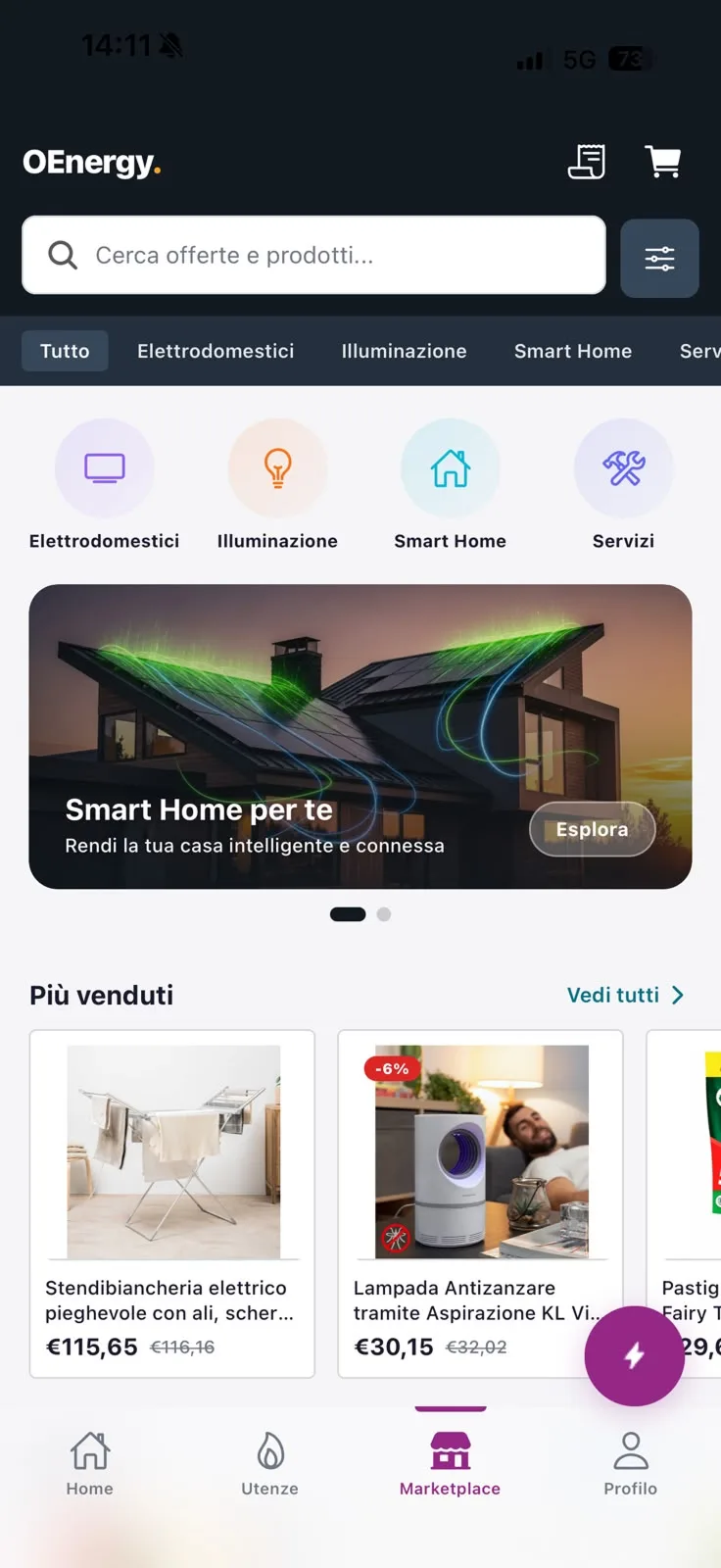 Schermata Marketplace: offerte e prodotti smart home