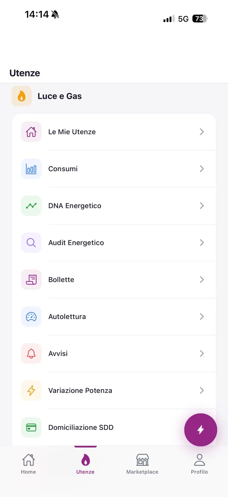 Schermata Utenze: gestione forniture luce e gas