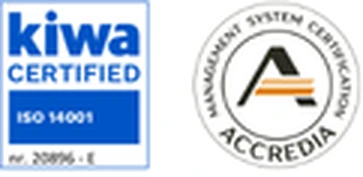 Certificazione ISO 14001 — Sistema di gestione ambientale, rilasciata da Kiwa e accreditata Accredia. N. 20896-E